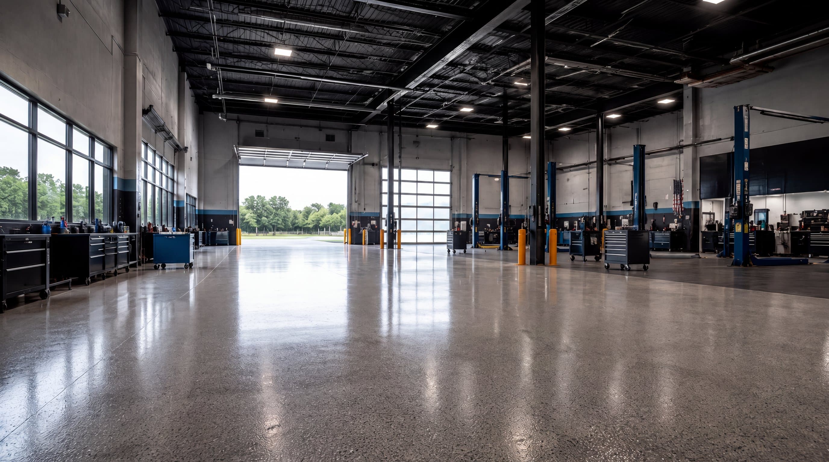 Commercial service shop with a polished coated floor, two-post lifts and an open bay door