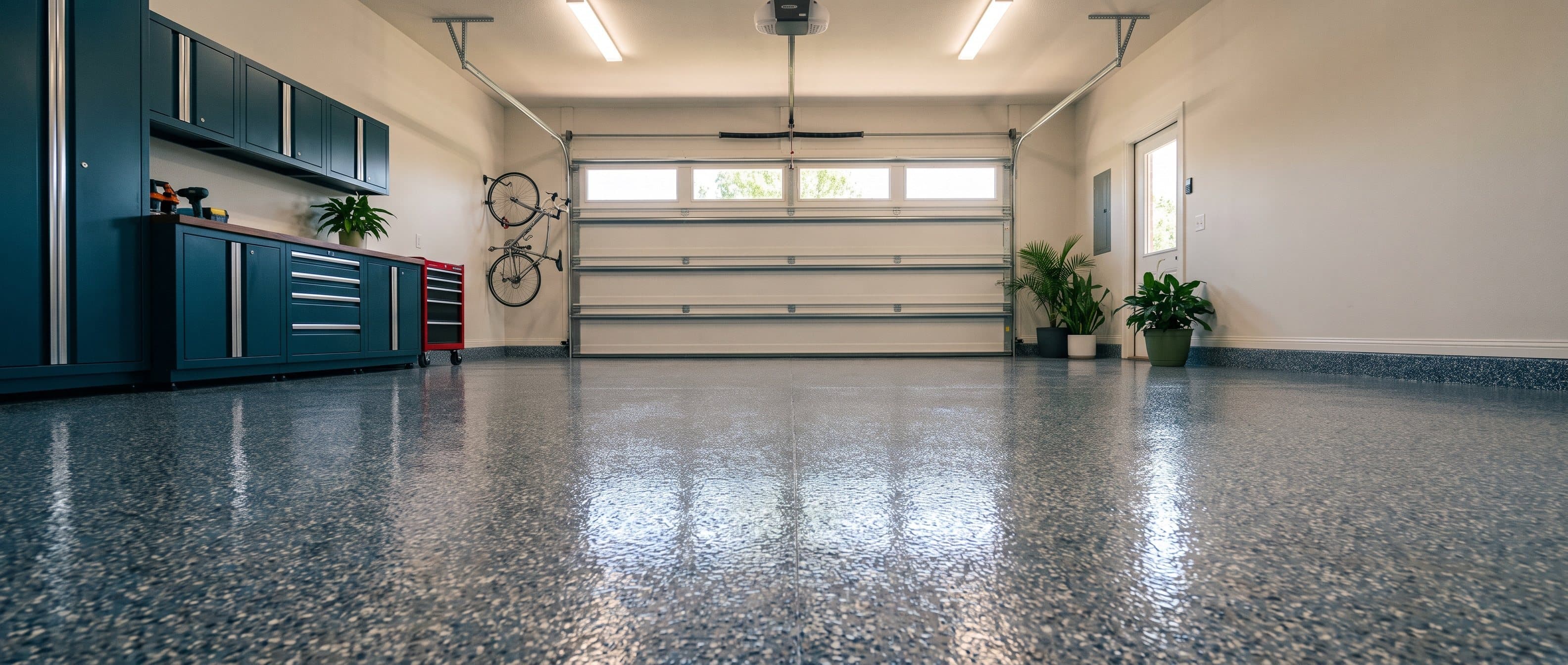 Home garage with a high-gloss blue and grey flake coated floor, petrol blue storage cabinets and a red tool chest