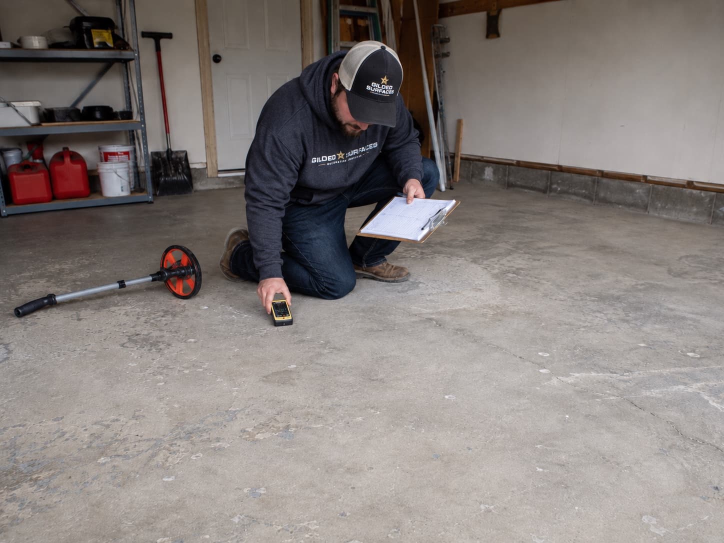 Gilded Surfaces technician testing the slab with a moisture meter and checklist