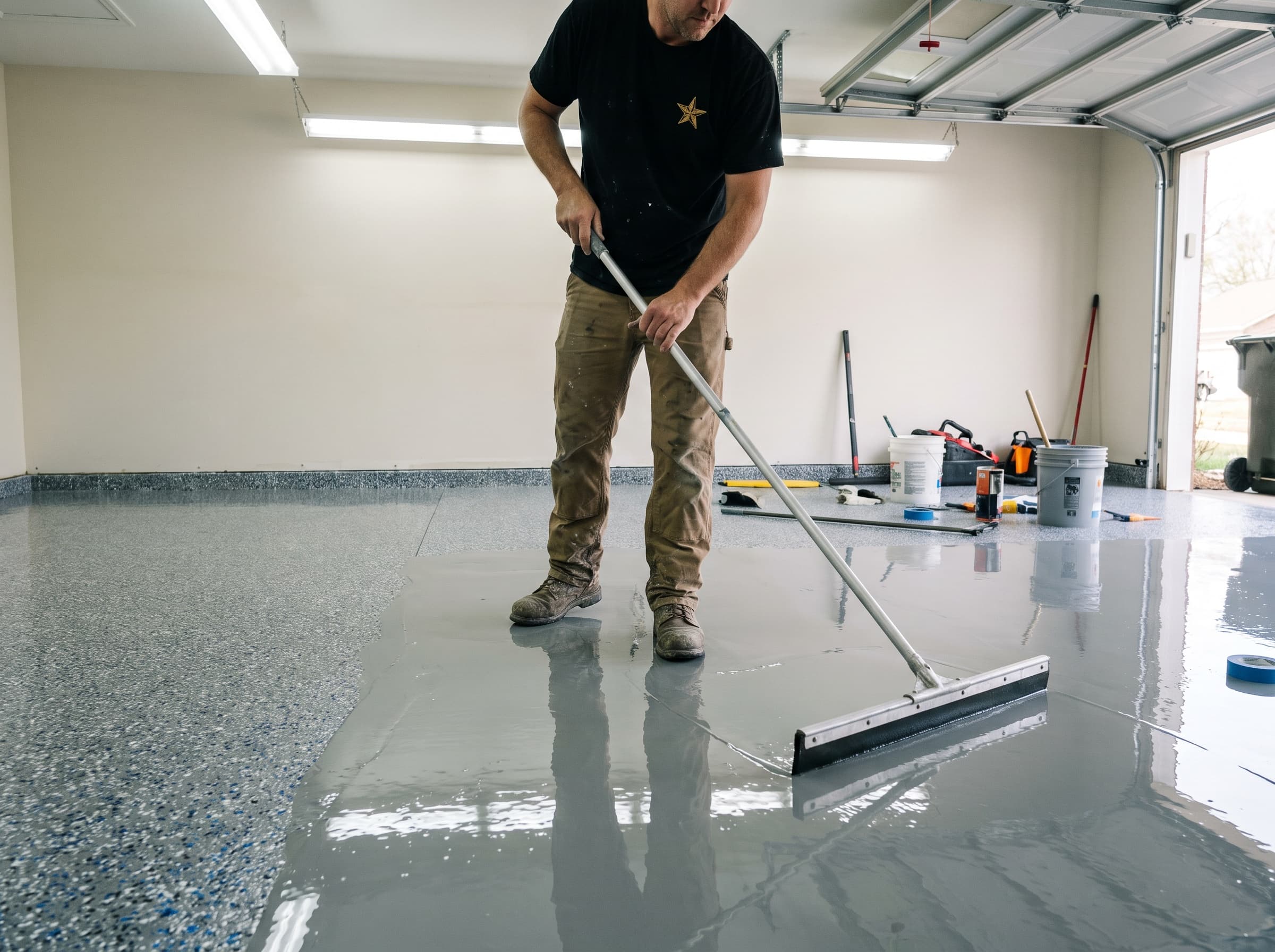 An installer pulling a fresh coat across a garage floor with a squeegee